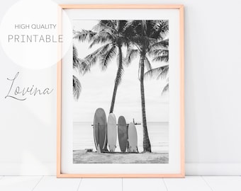 Surfboards on the Beach Wall Art, Black White Print, DIGITAL DOWNLOAD, Surf Board Print, Black and White Surf Photo, Vintage Surf Print