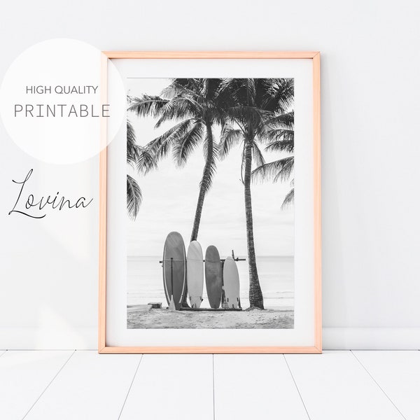 Surfboards on the Beach Wall Art, Black White Print, DIGITAL DOWNLOAD, Surf Board Print, Black and White Surf Photo, Vintage Surf Print