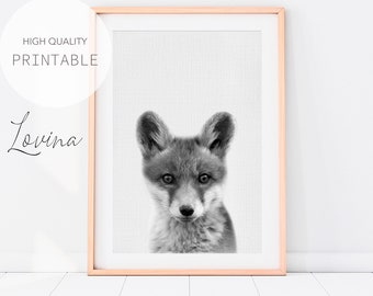 Baby Fox Print, Woodland Animals Nursery, DIGITAL DOWNLOAD, Fox Wall Art, Fox Poster, Black and White Baby Animal Poster, Forest Animals Art