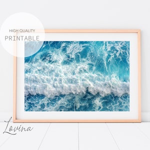 Wave Art Poster, Blue Water Artwork, Turquoise Sea Print, Sea Foam Print, Teal Ocean Waves Print, Drone Wave Printable, Large Digital Ocean
