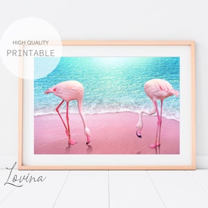 Pink Flamingo Print, Modern Beach Print, Flamingos Wall Art, Pink Flamingo Poster, Flamingo Art Print, Digital Download
