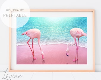 Pink Flamingo Print, Modern Beach Print, Flamingos Wall Art, Pink Flamingo Poster, Flamingo Art Print, Digital Download
