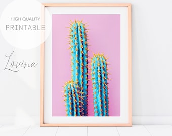 Cactus Photography Print | Cacti Wall Art | Desert Decor | Mexican Large Poster | Printable Modern Minimalist Pink Photo | INSTANT Download