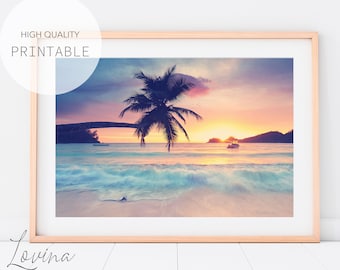 Printable Pastel Beach Art, Palm Tree Wall Print, DIGITAL DOWNLOAD, Pink Teal Ocean Art, Large Beach Poster, Coastal Photo Print