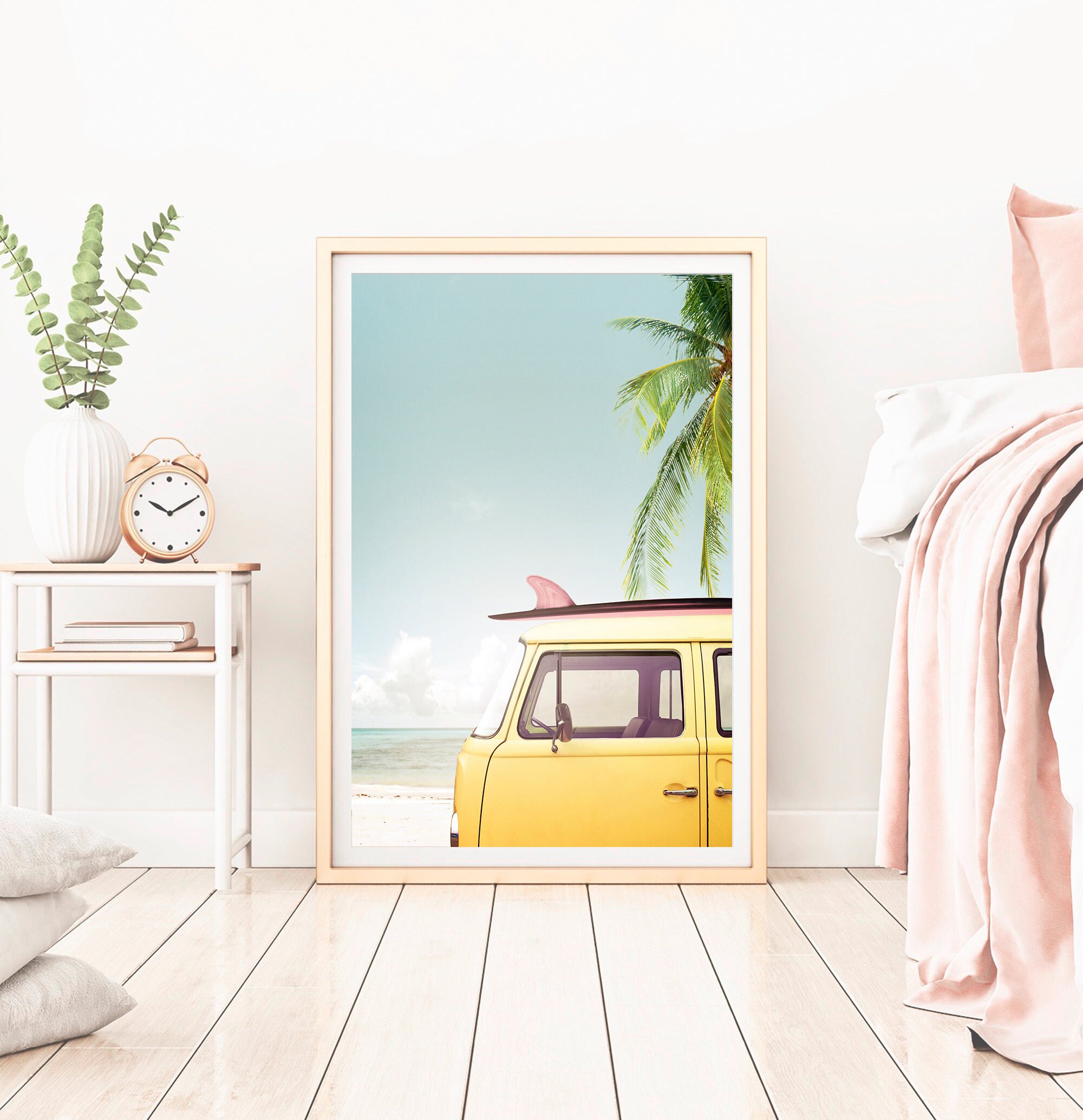 Beach Wall Art Print, Yellow Bus Print, DIGITAL DOWNLOAD, Retro Van ...