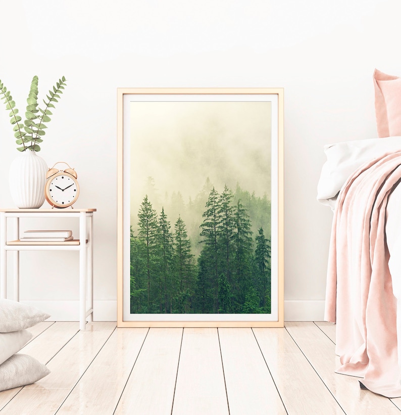May include: A framed print of a misty forest scene with tall evergreen trees. The print is in a light wood frame and is hanging on a white wall.