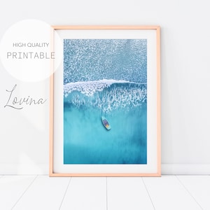 Minimalist Coastal Landscape, Boat Photograph, Turquoise Sea Print, Fisherman Print, Ocean Wave Photo, Large Seascape, Boat Digital Download