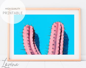 Cactus Blue Poster, Modern Cactus Art, Pink Cacti Print, Cactus Downloadable, Minimalist Cactus Digital Print, Printable Cactus Art Download