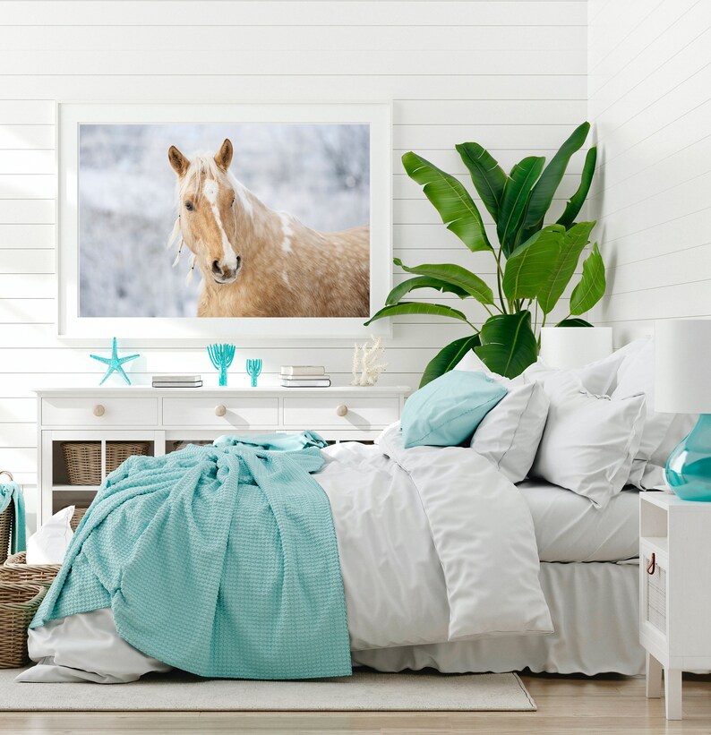 Puede incluir: Un dormitorio blanco con una cama, una c&oacute;moda y una planta. La cama tiene un edred&oacute;n blanco y una manta azul claro. La c&oacute;moda es blanca con una tapa de madera. La planta es una planta verde de hojas en una maceta marr&oacute;n. Hay un cuadro enmarcado de un caballo en la pared sobre la c&oacute;moda.