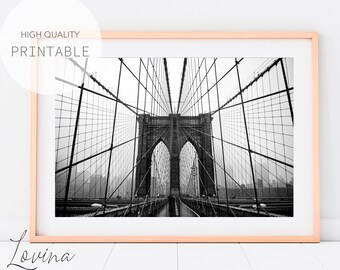 Stampa del ponte di Brooklyn, fotografia in bianco e nero, foto di New York City, poster di New York, arte murale del ponte di Brooklyn di New York, download stampabile di New York