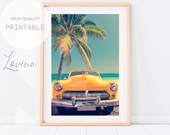 Retro Beach Print, Vintage Car Wall Art, Retro Car Poster, Vintage Car Prints, Yellow Car, Vintage Cadillac, Vintage Beach Digital Download