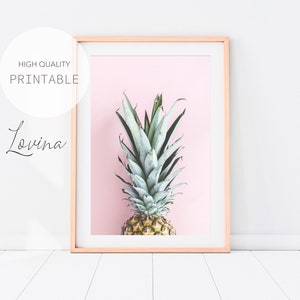 Peut inclure: Une impression encadrée d'un ananas sur fond rose. L'ananas est vert et jaune et a une tige brun clair.