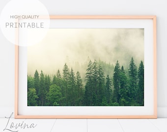Foggy Forest Printable Art, Nordic Forest Print, Large Forest Art, Enchanted Forest Fog Art, Misty Forest Print, Fog Print Digital Download