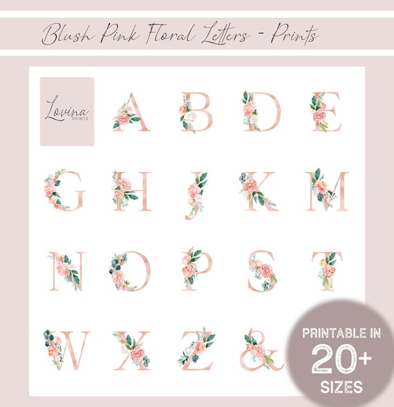 Letter H Print, Blush Pink Floral Letters, Alphabet Print, Letter