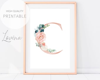 Letter C Print, Blush Pink Floral Letters, Alphabet Print, Letter C Wall Decor, Letter C Artwork, Letter C Poster, Letters Digital Download