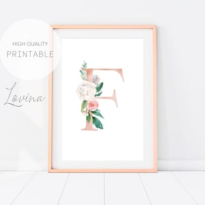 Buchstabe F Print, Blush Pink Floral Buchstaben, Alphabet Print, Buchstabe F Wanddekoration, Buchstabe F Kunstwerk, Buchstabe F Poster, Buchstaben Sofort Download