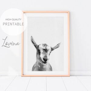 Baby Goat Print, Printable Baby Farm Animals, DIGITAL DOWNLOAD, Goat Wall Art, Black and White Farm Nursery Decor, Goat Nursery Animal Print