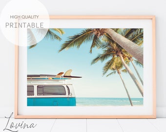 Beach Poster, Retro Van Print, DIGITAL DOWNLOAD, Vintage Car Photo, Surf Van Print, Camper Van Print, Retro Van Printable, Beach Van Print