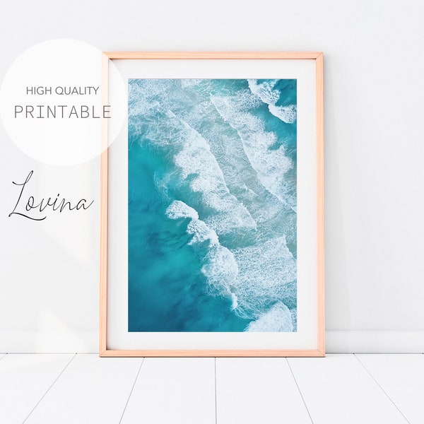 Ocean Wave Print, Blue Water Artwork, Teal Ocean Waves, Wave Printable, Ocean Artwork, Minimalist Coastal, Large Ocean Art, Instant Download