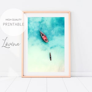 Póster de barco, Impresión de océano aéreo, Impresión costera grande, Impresión de póster de océano minimalista, Póster de pescador, Descarga de fotografía de barco imprimible