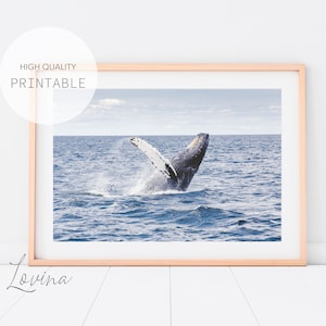 Impresión de ballena jorobada imprimible, Decoración de pared de ballena, Océano digital grande, Impresión junto al mar, Impresión de animales marinos, Impresión de arte de ballena, Arte costero
