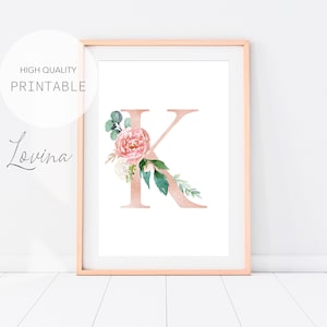 Buchstabe K Print, Blush Pink Floral Letters, Alphabet Print, Buchstabe K Wanddekoration, Buchstabe K Kunstwerk, Buchstabe K Poster, Alphabet Sofort Download