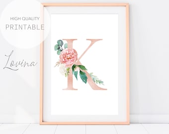 Letter K Print, Blush Pink Floral Letters, Alphabet Print, Letter K Wall Decor, Letter K Artwork, Letter K Poster, Alphabet Instant Download