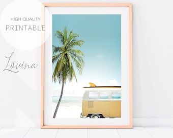 May include: A vintage yellow and white van with a surfboard on top parked on a beach with a palm tree in the background. The sky is blue and the sand is white.