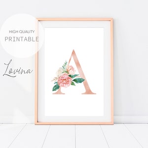 Letter A Print, Blush Pink Floral Letter, Alphabet Print, Letters Baby Print, Blush Pink Letters, Alphabet Poster, Letters Digital Download