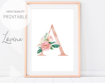 Letter A Print, Blush Pink Floral Letter, Alphabet Print, Letters Baby Print, Blush Pink Letters, Alphabet Poster, Letters Digital Download