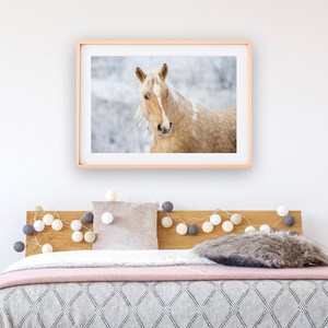 May include: A framed print featuring a Palomino horse with a light brown coat and white markings. The horse is set against a blurred, snowy background. The print is in a light wood frame, displayed above a bed with decorative pillows and string lights.