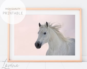 White Horse Print, Pastel Pink Horse Poster, Large Printable Horse Wall Art, Modern Horse Photography Decor, Photo Horse Digital Download