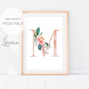 Letter M Print, Blush Pink Floral Letters, Alphabet Print, Letter M Wall Decor, Letter M Artwork, Letter M Poster, Letters Digital Download