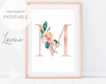 Letter M Print, Blush Pink Floral Letters, Alphabet Print, Letter M Wall Decor, Letter M Artwork, Letter M Poster, Letters Digital Download