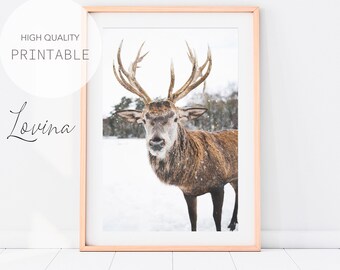 Reindeer in Snow, Reindeer Wall Art, Printable Winter Landscape, Reindeer Print, Scandinavian Print, Deer Digital Download