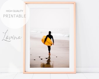 Surf Poster, Yellow Surfing Print, California Beach Print, Surfer Wall Art, Printable Surf Art, Surf Decor, Surfer Print, Digital Download