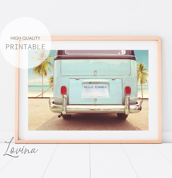 Retro Van Print, Vintage Camper, DIGITAL DOWNLOAD, Hello Summer, Vintage Van Print, Retro Bus, Surf Bus, Vintage Car Photo, Beach Van Print