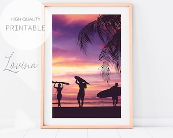 Surfers Art Print, Surf Photography, Purple Surf Print, Sunset Wall Art, Surfboard Photo, Beach Photo Print, Surf Poster, Digital Download