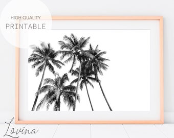 Black And White Palm Tree Print, Tropical Print, Printable Beach Photography, Hawaii Poster Print, Palm Beach Photo, Palms Photo Download