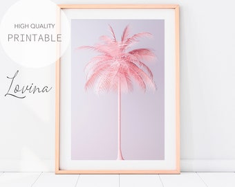 roze palmboom print, pastel poster, lichtroze kunst aan de muur, blush muur decor, palmboom kunst aan de muur, pastel strand print, palmboom foto downloaden