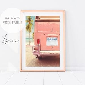 Plakat z zabytkowym samochodem, różowy retro van wydruk, cyfrowe pobieranie, różowy vintage car wydruk, plakat retro van, wydruk zabytkowego samochodu, plakat retro car