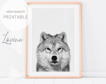 Wolf Print Black and White, Woodland Animals, DIGITAL DOWNLOAD, Arctic Wolf Wall Art, Wolf Nursery Decor, Forest Animal, Kids Room Poster