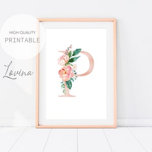 May include: A printable art print featuring the letter "P" in rose gold with pink and white flowers and green leaves.