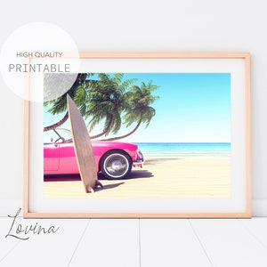 Vintage Car Print, Pink Cadillac, Pink Retro Car Poster, Retro Beach Print, Vintage Cadillac, Retro Travel Art, Vintage Beach Print Download