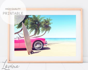 Vintage Car Print, Pink Cadillac, Pink Retro Car Poster, Retro Beach Print, Vintage Cadillac, Retro Travel Art, Vintage Beach Print Download