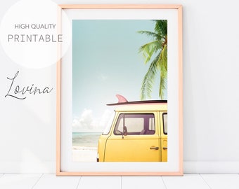 Beach Wall Art Print, Yellow Bus Print, DIGITAL DOWNLOAD, Retro Van Poster, Yellow Van Art, Vintage Van Print, Beach Van Print, Combi Print