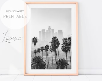 Los Angeles Print, Black White Print, DIGITAL DOWNLOAD, California Wall Art, Los Angeles Skyline, Palm Tree Print, Los Angeles Photo