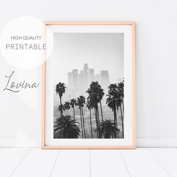 Los Angeles Print, Zwart Wit Print, DIGITALE DOWNLOAD, California Wall Art, Los Angeles Skyline, Palm Tree Print, Los Angeles Foto