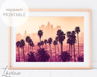 Palms Los Angeles Print, Palm Trees Tropical Wall Art, Pink Tropical Poster, Los Angeles Cityscape Photography, Printable Digital Download