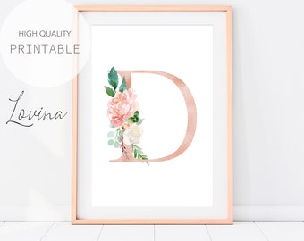 Letter D Print, Blush Pink Floral Letters, Alphabet Print, Blush Pink Letter Print, Letters Decoration, Letter Wall Decor, Instant Download